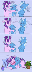 Size: 4274x9510 | Tagged: safe, artist:chub-wub, phyllis, starlight glimmer, trixie, pony, unicorn, g4, blushing, comic, cup, dialogue, female, horn, lesbian, mare, plant, plushie, ship:startrix, shipping