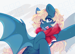 Size: 2800x2000 | Tagged: source needed, safe, artist:cofiiclouds, oc, oc only, oc:nightingale, bat pony, blonde, clothes, fangs, freckles, scarf, smiling, solo, spread wings, wings