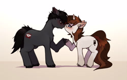 Size: 2832x1800 | Tagged: safe, artist:replica, oc, oc only, oc:replica, oc:spipples, pony, unicorn, blushing, boop, duo, duo male and female, ear piercing, earring, female, freckles, glasses, gradient background, height difference, hock fluff, holding hooves, horn, jewelry, male, mare, nose piercing, nose ring, noseboop, oc x oc, piercing, round glasses, ship:spipplica, shipping, stallion, straight, unshorn fetlocks