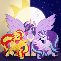 Size: 2048x2048 | Tagged: safe, artist:acidigon, starlight glimmer, sunset shimmer, twilight sparkle, alicorn, pony, g4, alicornified, female, jewelry, race swap, regalia, shimmercorn, spread wings, starlicorn, trio, trio female, twilight sparkle (alicorn), wings