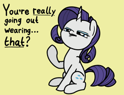 Size: 2048x1561 | Tagged: safe, artist:ewoudcponies, rarity, pony, unicorn, g4, dialogue, female, horn, mare, narrowed eyes, simple background, sitting, solo, yellow background