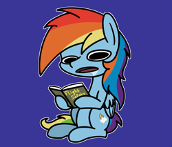 Size: 2047x1744 | Tagged: safe, artist:ewoudcponies, rainbow dash, pegasus, pony, g4, blank stare, blue background, book, drool, female, hoof hold, mare, open mouth, outline, simple background, sitting, solo, white outline