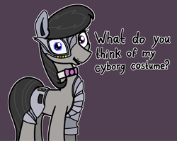 Size: 2048x1631 | Tagged: safe, artist:ewoudcponies, octavia melody, cyborg, earth pony, pony, g4, clothes, costume, dialogue, female, mare, outline, purple background, simple background, solo, talking to viewer, white outline