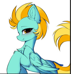 Size: 849x887 | Tagged: safe, artist:lerk, lightning dust, pegasus, pony, g4, blushing, chest fluff, cute, dustabetes, ear fluff, female, folded wings, looking at you, mare, profile, raised hoof, side view, simple background, smiling, smiling at you, solo, white background, wings