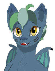 Size: 687x893 | Tagged: safe, artist:visserex52, oc, oc only, oc:seren gyntaf, bat pony, blue coat, green hair, pfp, simple background, smiling, solo, transparent background, wings, yellow eyes