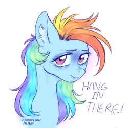 Size: 1641x1641 | Tagged: safe, artist:mammalian_alien, rainbow dash, pegasus, pony, g4, bust, colored sketch, doodle, ear fluff, hang in there, hanging, inspirational, portrait, simple background, sketch, solo, white background