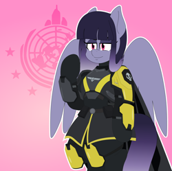 Size: 2086x2080 | Tagged: safe, artist:isaac_pony, oc, oc only, oc:salacious allusion, pegasus, pony, anthro, armor, black and yellow, crossover, female, game, gradient background, helldivers, helldivers 2, mare, pegasus oc, skull, solo, super earth logo, tail, wings