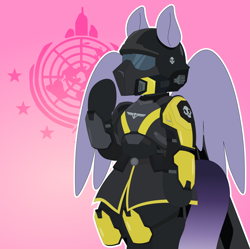 Size: 2086x2080 | Tagged: safe, alternate version, artist:isaac_pony, oc, oc only, oc:salacious allusion, pegasus, pony, anthro, armor, black and yellow, crossover, female, game, gradient background, helldivers, helldivers 2, helmet, mare, pegasus oc, pink background, skull, solo, super earth logo, tail, wings