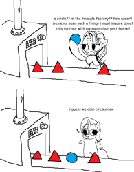 Size: 498x637 | Tagged: safe, artist:moppyshine, starlight glimmer, trixie, pony, unicorn, g4, 2 panel comic, circle, comic, conveyor belt, factory, funny, horn, machinery, meme, triangle, triangle factory meme