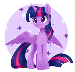 Size: 1024x979 | Tagged: safe, artist:yangere, twilight sparkle, alicorn, pony, g4, cute, female, mare, signature, smiling, solo, sparkles, spread wings, twiabetes, twilight sparkle (alicorn), watermark, wings