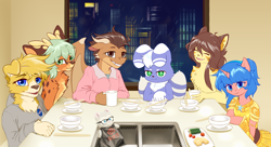 Size: 3300x1800 | Tagged: safe, artist:ktk's sky, oc, oc only, oc:heavy halbard, pony, unicorn, anthro, armor, chopsticks, female, glass, glasses, horn, indoors, male, night, table, window