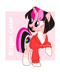 Size: 898x1075 | Tagged: safe, artist:momoalistair, oc, oc only, oc:bright color, pony, unicorn, bobcut, clothes, female, hoodie, horn, mare, passepartout, short hair, solo