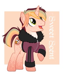 Size: 859x1021 | Tagged: safe, alternate version, artist:momoalistair, oc, oc only, oc:sweet scent, pony, unicorn, clothes, horn, jacket, passepartout, solo