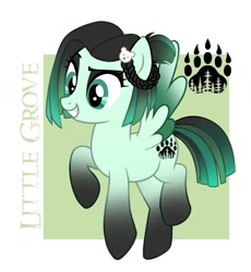 Size: 1193x1294 | Tagged: safe, artist:momoalistair, oc, oc only, oc:little grove, pegasus, pony, abstract background, bobcut, braid, colored wings, colored wingtips, female, flying, hairclip, mare, passepartout, reference sheet, short hair, smiling, solo, spread wings, wings