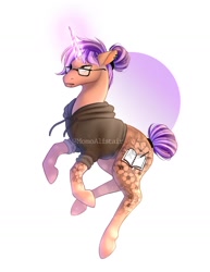 Size: 1098x1425 | Tagged: safe, artist:momoalistair, oc, oc only, oc:boysen winter, oc:boysen writer, pony, unicorn, abstract background, clothes, ear piercing, earring, glasses, hoodie, horn, jewelry, lip piercing, male, piercing, snake bites, solo, stallion