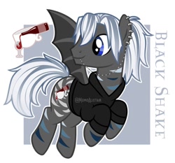 Size: 1320x1230 | Tagged: safe, artist:momoalistair, oc, oc only, oc:black shake, bat pony, pony, clothes, ear piercing, earring, hoodie, jewelry, lip piercing, male, passepartout, piercing, reference sheet, solo, spread wings, stallion, wings