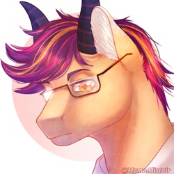 Size: 1000x1000 | Tagged: safe, artist:momoalistair, oc, oc only, oc:hernán, pony, abstract background, bust, clothes, ear fluff, glasses, horns, male, portrait, solo, stallion