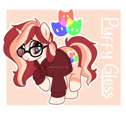 Size: 2000x1824 | Tagged: safe, artist:momoalistair, oc, oc only, oc:puffy gloss, pony, unicorn, clothes, female, glasses, hoodie, horn, mare, passepartout, reference sheet, solo, watermark