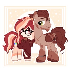 Size: 2000x2000 | Tagged: safe, artist:momoalistair, oc, oc only, oc:puffy gloss, oc:wire sound, pegasus, pony, unicorn, clothes, cloven hooves, duo, ear piercing, earring, facial hair, female, glasses, hoodie, horn, jewelry, male, mare, necklace, passepartout, piercing, stallion, unshorn fetlocks