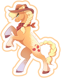 Size: 1096x1390 | Tagged: safe, artist:momoalistair, applejack, earth pony, pony, g4, alternate design, applejack's hat, braid, braided tail, cowboy hat, female, hat, mare, rearing, simple background, solo, tail, transparent background, unshorn fetlocks