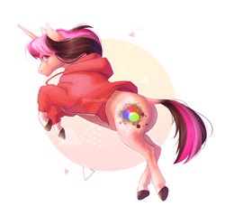 Size: 1968x1884 | Tagged: safe, artist:momoalistair, oc, oc only, oc:bright color, pony, unicorn, abstract background, clothes, female, hoodie, horn, mare, solo