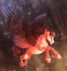 Size: 2120x2245 | Tagged: safe, artist:momoalistair, oc, oc only, oc:wire sound, pegasus, pony, cloven hooves, ear fluff, ear piercing, earring, facial hair, flying, jewelry, male, piercing, solo, spread wings, stallion, unshorn fetlocks, wings