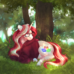 Size: 2000x2000 | Tagged: safe, artist:momoalistair, oc, oc only, oc:puffy gloss, pony, unicorn, clothes, female, forest, glasses, hoodie, horn, lying down, mare, nature, outdoors, prone, solo, tree