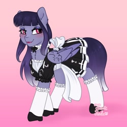 Size: 1400x1400 | Tagged: safe, artist:fanatic panda, oc, oc:salacious allusion, pegasus, pony, bow, choker, clothes, dress, french maid, frilly dress, latex, latex suit, looking at you, maid, missing accessory, pegasus oc, pink background, shoes, simple background, socks