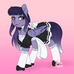 Size: 1400x1400 | Tagged: safe, alternate version, artist:fanatic panda, oc, oc:salacious allusion, pegasus, pony, bow, choker, clothes, dress, french maid, frilly dress, looking at you, maid, missing accessory, pegasus oc, pink background, shoes, simple background, socks