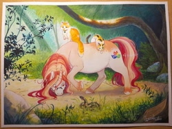 Size: 1024x768 | Tagged: safe, artist:momoalistair, oc, oc only, oc:puffy gloss, cat, pony, snake, unicorn, female, forest, glasses, gouache, horn, nature, riding, riding a pony, solo, traditional art, tree, unshorn fetlocks