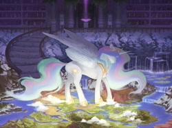 Size: 3671x2739 | Tagged: safe, alternate version, artist:momoalistair, princess celestia, alicorn, pony, g4, commission, detailed background, female, high res, hoof shoes, indoors, jewelry, map of equestria, mare, peytral, regalia, solo