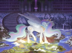 Size: 3671x2739 | Tagged: safe, alternate version, artist:momoalistair, princess celestia, alicorn, pony, g4, commission, detailed background, female, high res, hoof shoes, indoors, jewelry, map of equestria, mare, peytral, regalia, solo