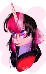 Size: 930x1471 | Tagged: safe, artist:momoalistair, oc, oc only, oc:bright color, pony, unicorn, bust, clothes, female, hoodie, horn, mare, solo