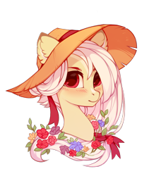 Size: 1350x1600 | Tagged: safe, artist:lispp, oc, oc only, oc:laeticia la pucelle, pony, blushing, bust, female, flower, flower in hair, hat, looking at you, mare, portrait, simple background, solo, straw hat, transparent background