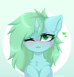 Size: 2500x2592 | Tagged: safe, artist:lunylin, oc, oc only, oc:mintya, pony, unicorn, blushing, cheek fluff, chest fluff, circle background, ear fluff, female, fluffy, heart, horn, looking up, mare, one eye closed, solo, tongue out