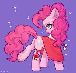 Size: 2184x2100 | Tagged: safe, artist:shelti, pinkie pie, earth pony, pony, g4, :p, bell, butt, colored pupils, female, heart, mare, plot, purple background, raised leg, shawl, simple background, solo, tongue out, underhoof