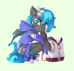 Size: 4719x4525 | Tagged: safe, artist:saxopi, oc, oc only, oc:lucia, bat pony, semi-anthro, arm hooves, bag, clothes, converse, cute, green background, heterochromia, jacket, looking at you, ocbetes, shoes, simple background, socks, solo