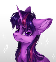 Size: 1348x1500 | Tagged: safe, artist:rozmed, twilight sparkle, pony, unicorn, g4, bust, cheek fluff, ear fluff, female, horn, lidded eyes, looking at you, mare, sitting, smiling, smirk, solo, sparkles, unicorn twilight