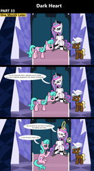 Size: 1920x3516 | Tagged: safe, artist:platinumdrop, aquamarine, princess flurry heart, oc, oc:brave dawn, alicorn, earth pony, pony, comic:dark heart, g4, 3 panel comic, alternate timeline, armor, balancing, bored, collar, colt, comic, commission, crystal, crystal castle, crystal empire, cup, dark crystal, dialogue, evil flurry heart, female, flurry heart is amused, foal, folded wings, glowing, glowing horn, hooficure, horn, indoors, looking at someone, magic, magic aura, male, mare, mouth hold, nail file, older, older aquamarine, older flurry heart, raised hoof, sitting, slave, slave collar, smiling, smug, smug smile, speech bubble, spiked collar, spiked wristband, teacup, teapot, telekinesis, throne, throne room, tray, victorious villain, wings, wristband