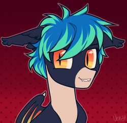 Size: 1500x1448 | Tagged: safe, artist:vensual99, oc, oc only, bat pony, pony, rcf community, abstract background, bat pony oc, bust, fangs, icon, portrait, red background, simple background, solo