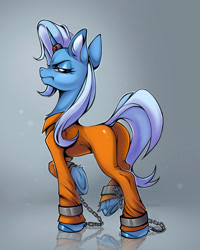 Size: 1100x1377 | Tagged: safe, artist:rozmed, trixie, pony, unicorn, g4, butt, clothes, commissioner:rainbowdash69, concave belly, cufflinks, cuffs, ear fluff, grumpy, horn, horn ring, jewelry, jumpsuit, magic suppression, never doubt rainbowdash69's involvement, plot, prison outfit, prisoner, prisoner tx, ring, shackles, slender, solo, the great and powerful ass, thin