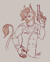 Size: 2069x2542 | Tagged: safe, artist:skuttz, oc, oc:classy straps, zebra, zebracorn, clothes, gun, hand on hip, horn, jacket, leather, leather jacket, looking at you, piercing, purple eyes, simple background, sketch, smiling, smiling at you, smirk, stupid sexy stallion, weapon, zebra oc