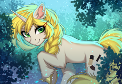 Size: 3100x2143 | Tagged: safe, artist:hakaina, oc, oc only, oc:coppertone, unicorn, fanfic:compatī, braid, clothes, hair over one eye, hairclip, horn, looking at you, scarf, unshorn fetlocks