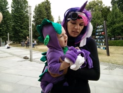 Size: 4160x3120 | Tagged: safe, rarity, spike, twilight sparkle, human, galacon, g4, 2015, clothes, cosplay, costume, high res, irl, irl human, outdoors, photo, plushie, rarity plushie