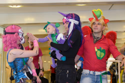 Size: 4928x3264 | Tagged: safe, big macintosh, pinkie pie, rarity, spike, twilight sparkle, alicorn, human, galacon, g4, 2015, alicornified, clothes, cosplay, costume, high res, indoors, irl, irl human, photo, pinkamena diane pie, plushie, princess big mac, race swap, rarity plushie