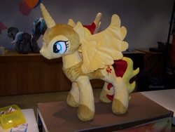 Size: 2304x1728 | Tagged: safe, sunset shimmer, alicorn, galacon, 2015, alicornified, indoors, irl, jewelry, photo, plushie, race swap, regalia, shimmercorn, spread wings, wings