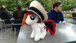 Size: 2688x1520 | Tagged: safe, human, galacon, 2015, hat, irl, irl human, outdoors, photo, plushie, table