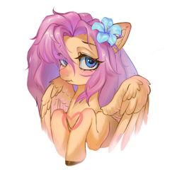 Size: 1200x1200 | Tagged: safe, artist:melonlicious, fluttershy, g4, blue eyes, flower, flower in hair, pink mane, simple background, solo, white background, yellow skin