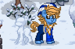 Size: 958x629 | Tagged: safe, oc, oc only, oc:blue cookie, earth pony, pony, pony town, clothes, digital art, earth pony oc, male, outdoors, pixel art, scarf, snow, snowpony, solo, stallion