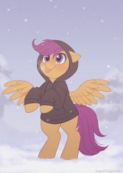 Size: 1121x1581 | Tagged: safe, artist:higglytownhero, scootaloo, pegasus, pony, g4, :p, blushing, clothes, cold, cute, cutealoo, eye clipping through hair, female, filly, foal, hoodie, looking up, mare, raised hooves, snow, snowfall, solo, spread wings, standing on two hooves, tongue out, tree, wings